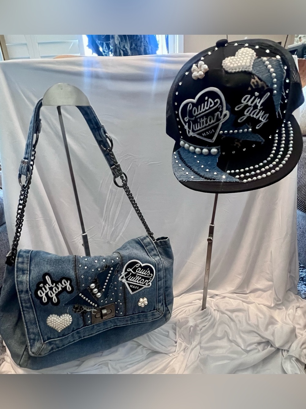 Louis Vuitton patches & Blue Denim Pearl-Embellished Shoulder Bag & Cap